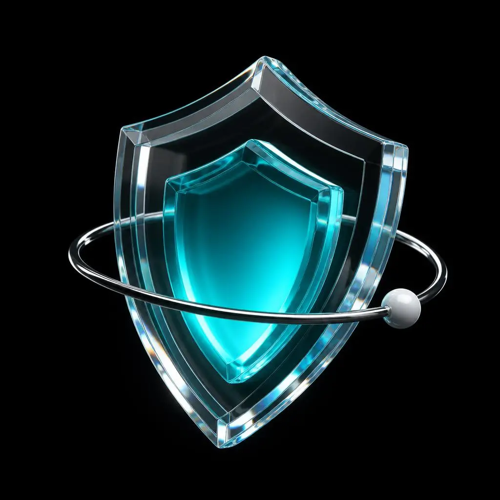Glass and chrome shield with cyan glowing core