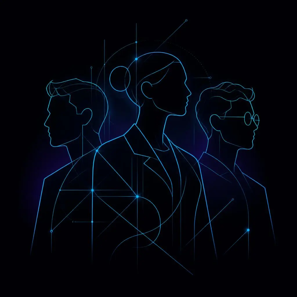 Abstract cyan line-art of three human silhouettes